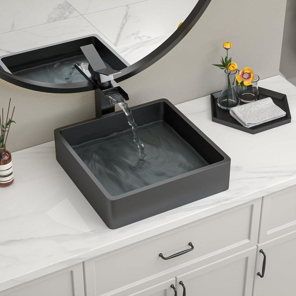 15 Inch Black Bathroom Vessel Sink, 15"x15" Black Vessel Sink Stainless Steel Above Counter Bathroom Sink 16 Gauge