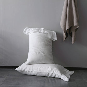 Ruffles Linen Pillowcases 2 Packs, 100% French Linen Pillow Covers, Queen Size Shabby Chic White Pillow Shams, with