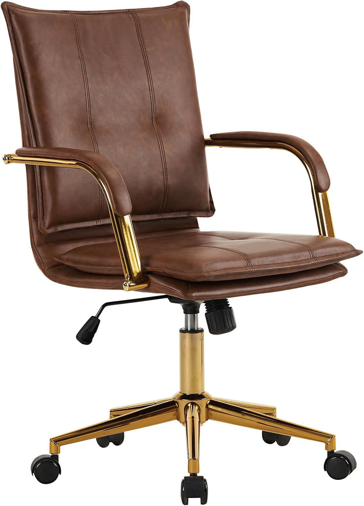 Mid-Back Ergonomic Leather Office Desk Chair, Modern Upholstered Computer Chair, Executive with Arms, Swivel