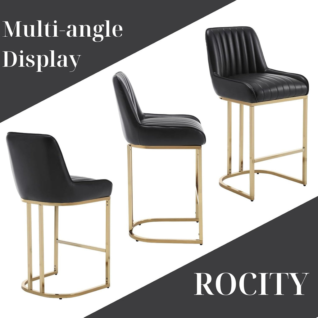 Black Leather Bar Stools Set of 4 Modern Counter Stools with Gold Legs 26 Inch Counter Height Bar Stools Upholstered