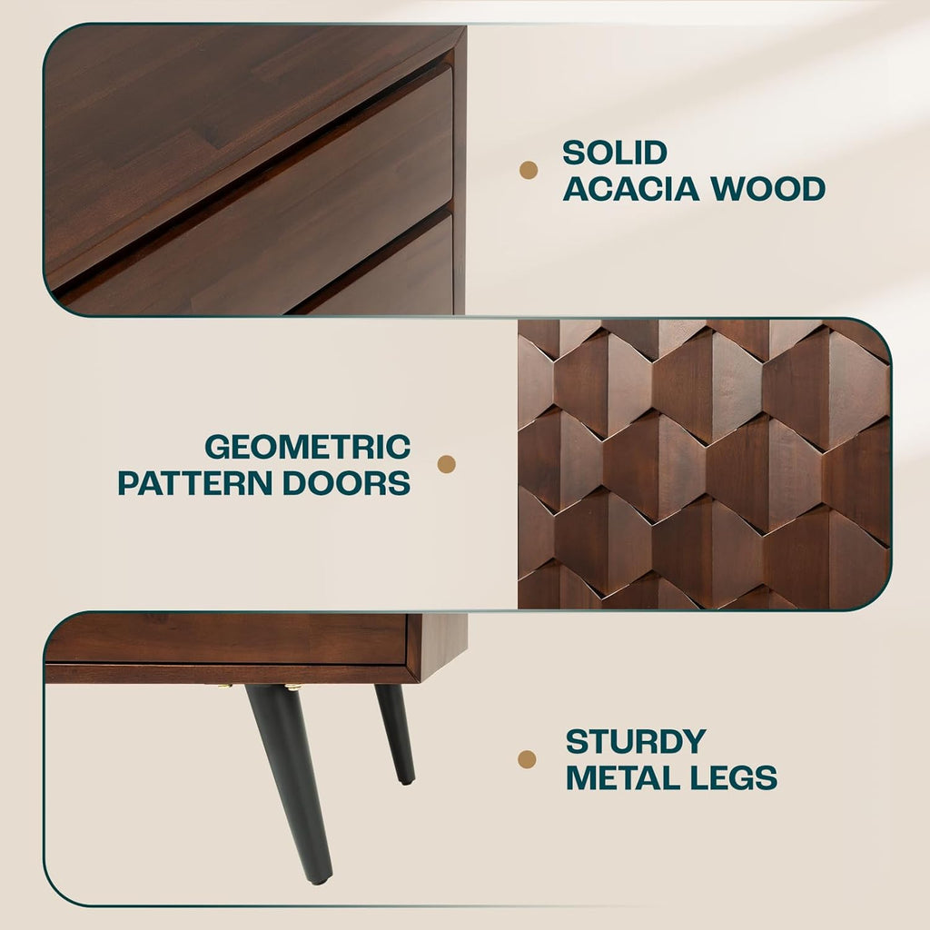 Sideboard Georgina Solid Wood 2 Doors & 3 Drawers, 61'' Mid Century Modern Cabinet with Geometric Pattern for Kitchen
