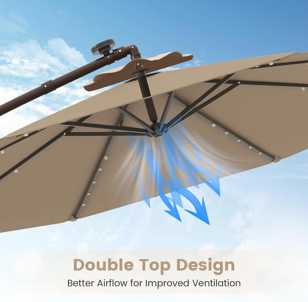 10FT Offset Patio Umbrella with Base Included, Outdoor Cantilever Umbrella with 40 Solar LED Lights, Tilt Adjustment