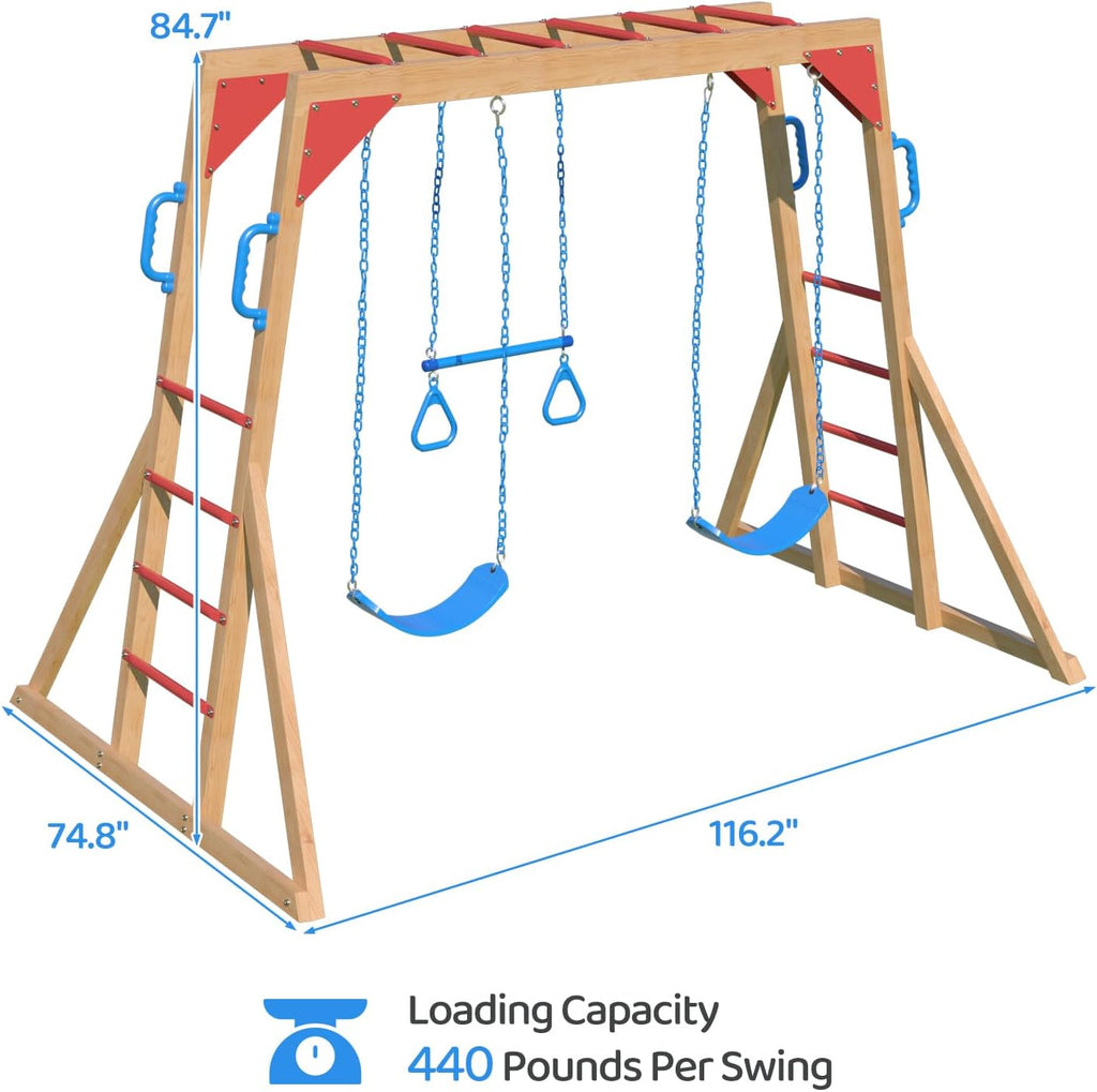Wooden Swing Sets with Monkey Bar, Outdoor Playset for Kids with Trapeze Swing Bar and 2 Belt Swings, Heavy Duty