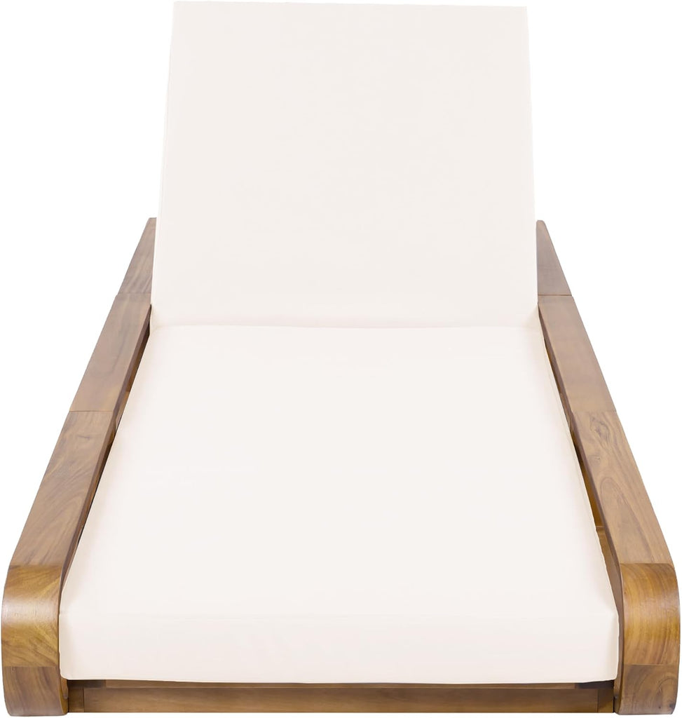 Teak Finish Acacia Wood Chaise Lounge - 1 Pcs Frame + 1 Pcs 4" 2-Fold Cream Water-Resistant Cushion, 400lbs Capacity