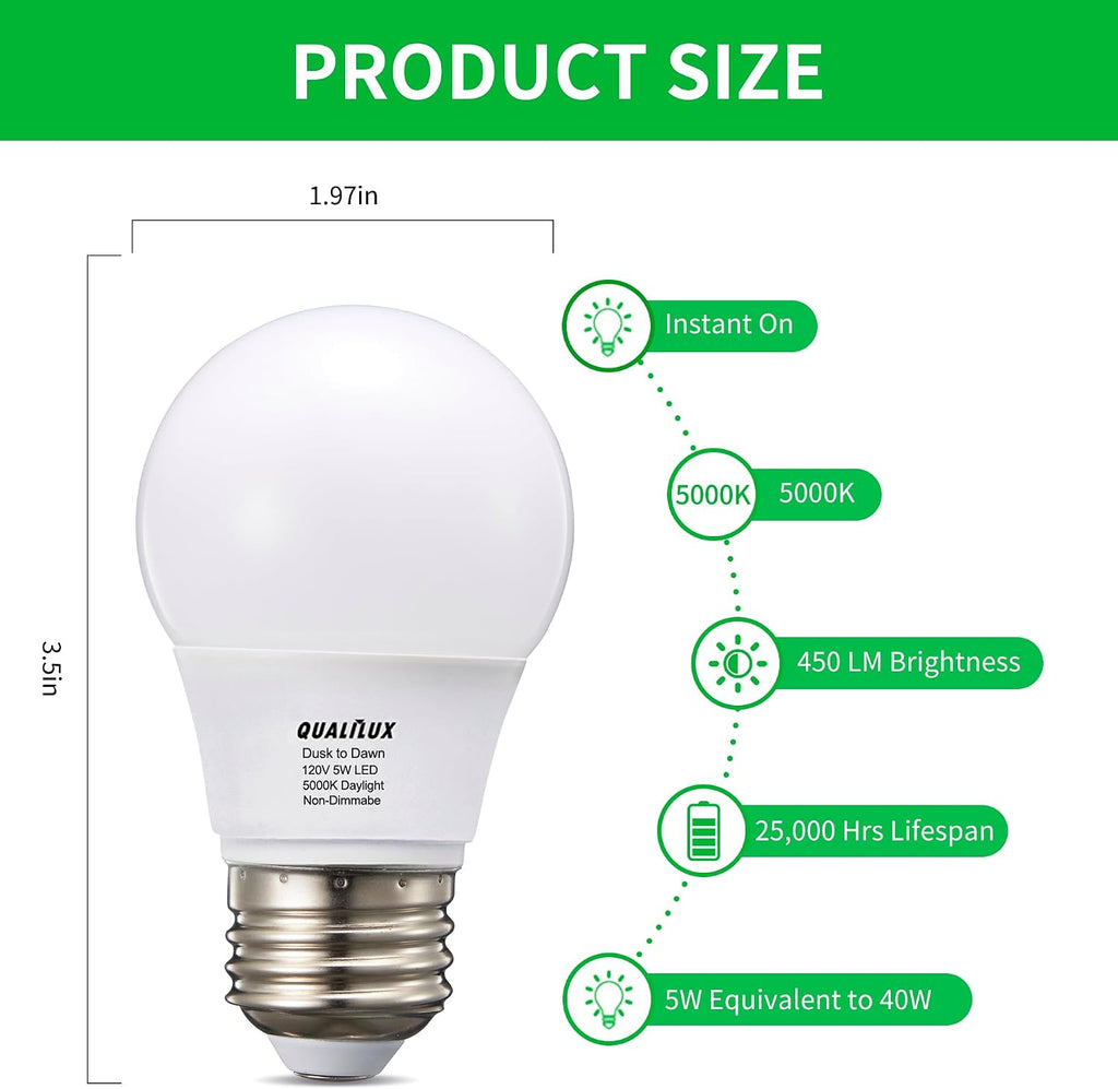 Dusk to Dawn Light Bulbs, Auto On/Off Light Sensing LED Bulbs Outdoor, Daylight, Small A15 4-Pack, 5W 450LM 40W