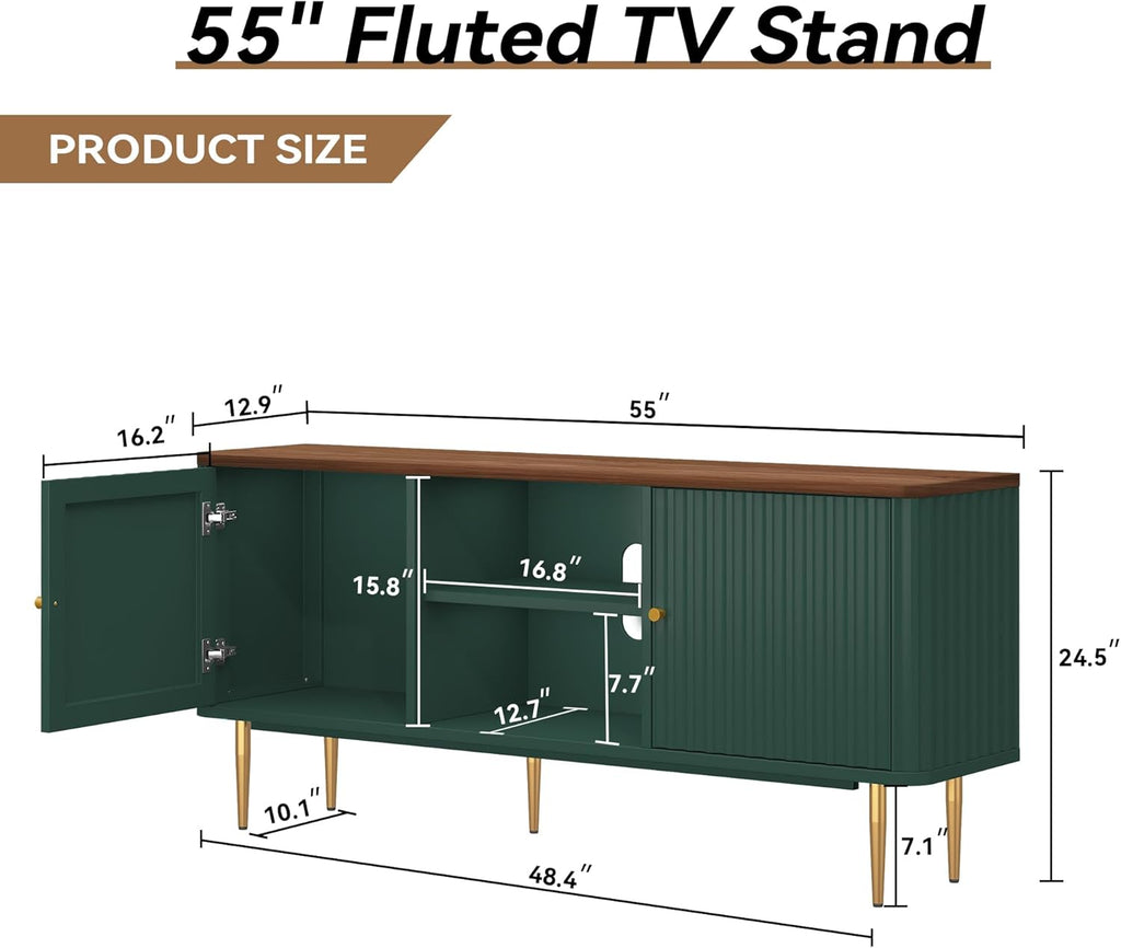 55" Fluted TV Stand, Mid Century Modern Green TV Stand for 55/60/65 inch TV, Entertainment Center with Storage