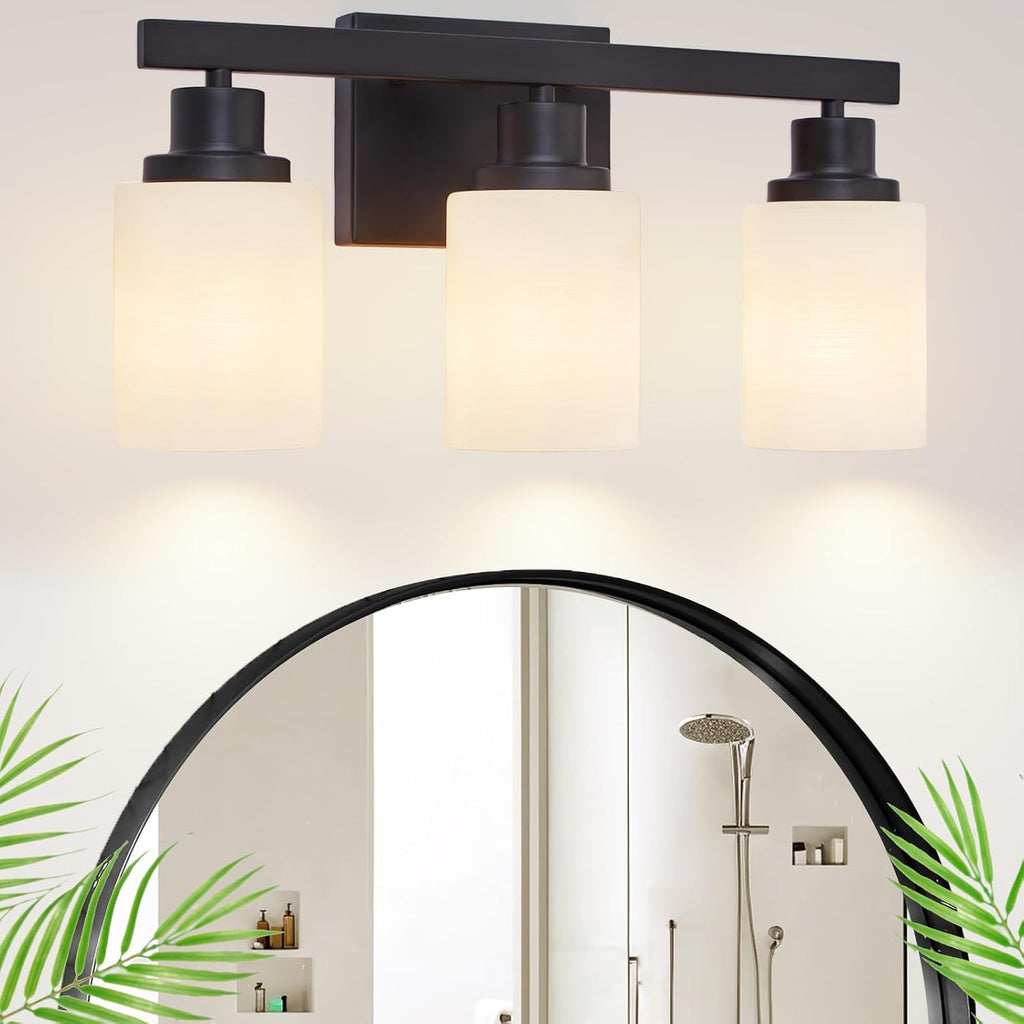 3-Light Bathroom Light Fixtures Over Mirror, Modern Matte Black Vanity Lights with White Frosted Glass Shade