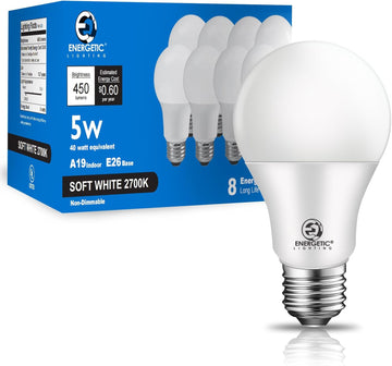 40W Equivalent A19 LED Light Bulb, Soft White 2700K, E26 Standard Base, ETL Listed, 5W 450lm Non-Dimmable LED Light - Set of 8