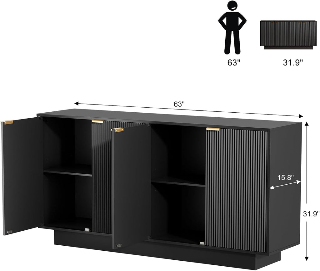 63'' Large Fluted Sideboard Buffet Cabinet, Modern Storage Cabinet with Adjustable Shelf, Console Table Wine Bar