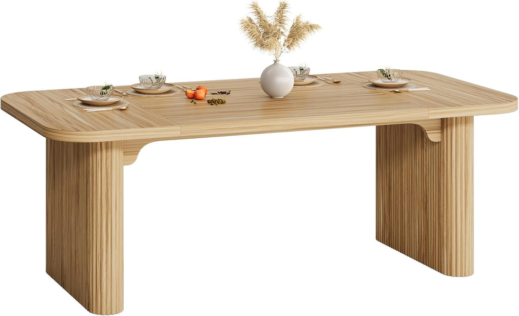 Modern Dining Table for 6 People, 62-Inch Natural Wood Kitchen Table with Double Robust Pedestal, Long Rectangle