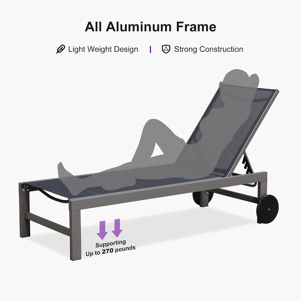 Patio Lounge Chair Set for 2, All Weather Aluminum, Navy Blue | Powder-coated aluminum holds 270 lbs, quick-dry