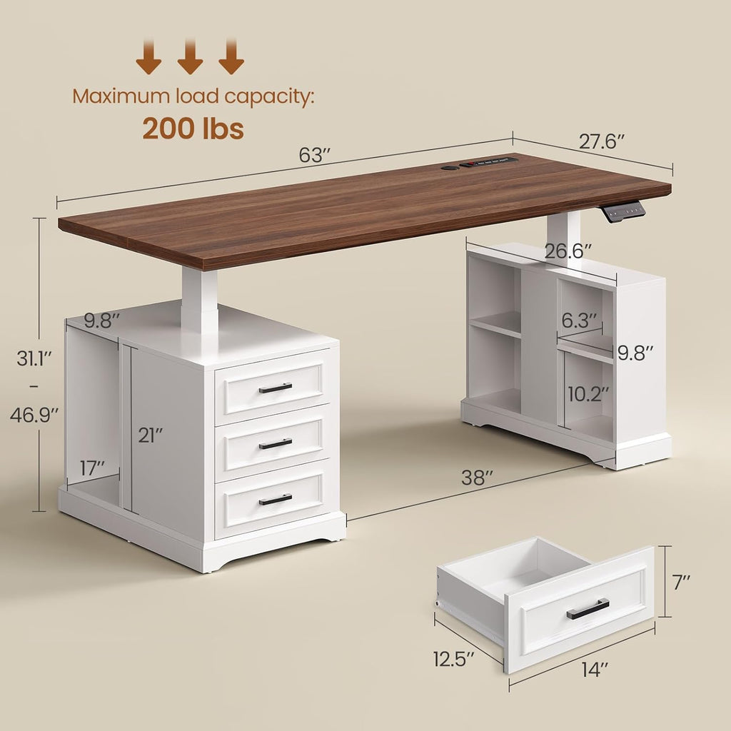 Farmhouse Electric Standing Desk, 63" Height Adjustable Computer Desk with 3 Drawers, Storage Shelves, Power Outlets
