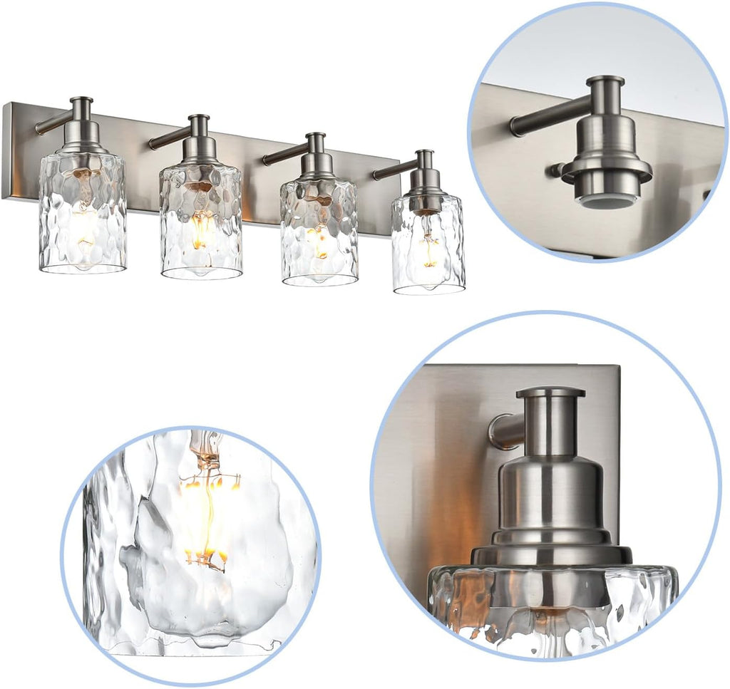 4-Light Bathroom Vanity Light Fixture Brushed Nickel Industrial Wall Sconce Lighting with Hammered Glass Shade