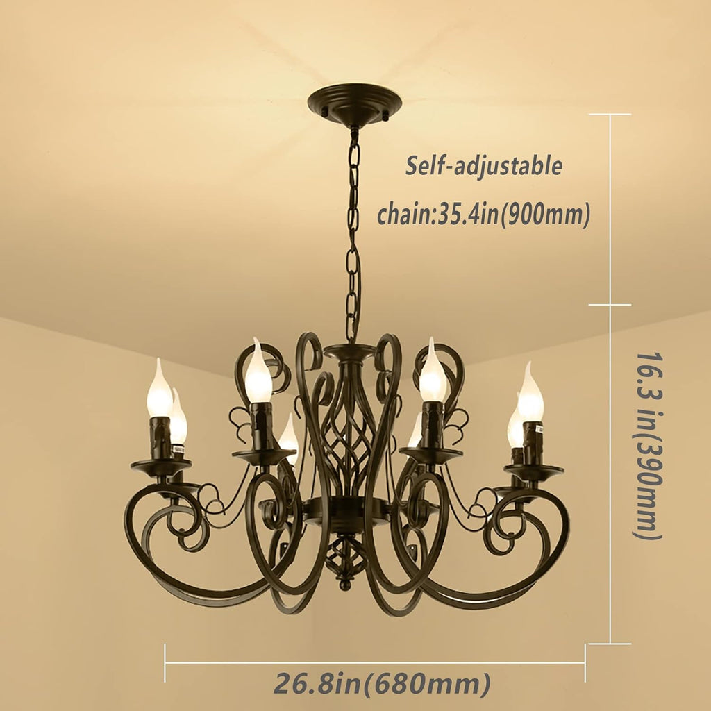 French Country Chandeliers,8 Lights Kitchen Island Candle Iron Black Chandelier,Industrial Vintage Pendant Light Fixture for Farmhouse,Dining Room,Bedroom,Foyer