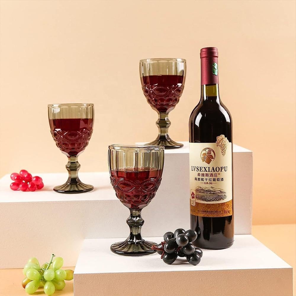 Green Vintage Wine Glasses,Clear Water Goblet Glasses with Embossed Serpentine Pattern,Stemmed Colored Glassware Set