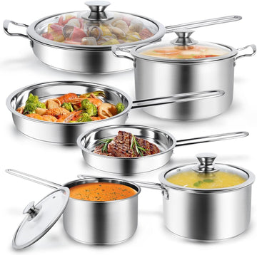 10-Piece Pots and Pans Set, Stainless Steel Cookware Set- Includes Ergonomic Handle Saucepans, Skillets, Dutch Oven