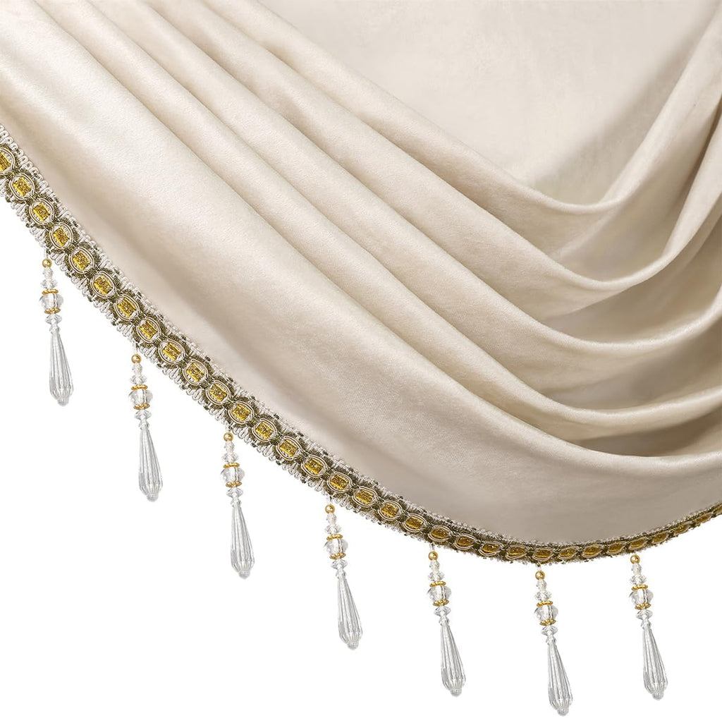 Luxury Cream Velvet Curtain Valances for Living Room with Beads (1 Panel)