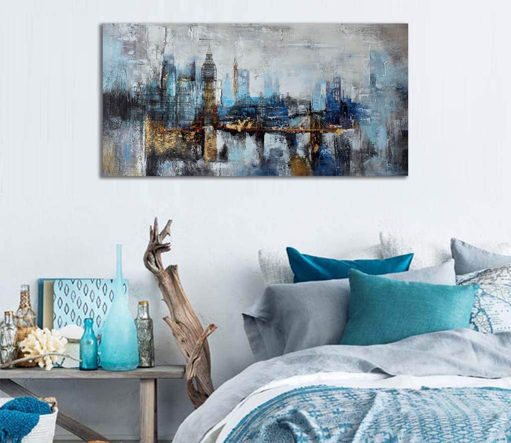 Large Wall Art Abstract City View Canvas Art Modern Home Decor Gray Blue Buildings Prints Wall Art Office Artwork