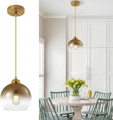 Modern Gradient Gold Glass Pendant Light，7.8-Inch Globe Adjustable Hanging Pendant Light for Bedroom Kitchen Island