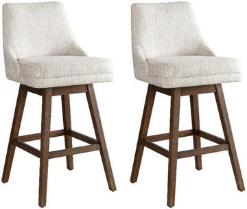 Branson Brown Solid Wood Upholstered 30" Bar Height Swivel Barstool with Beige Fabric Seat - Set of 2