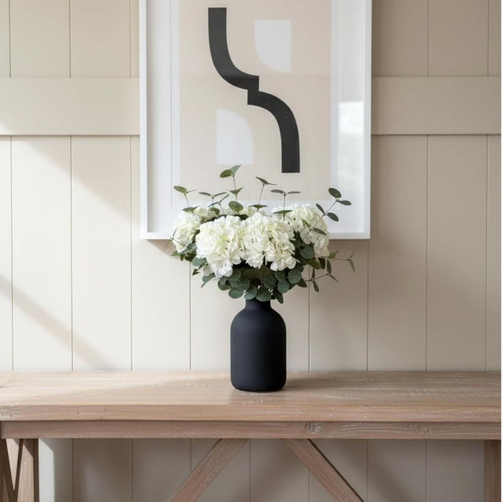 Real Touch White Faux Hydrangea And Eucalyptus Arrangement, Faux Floral Arrangements, Hyper Realistic Artificial
