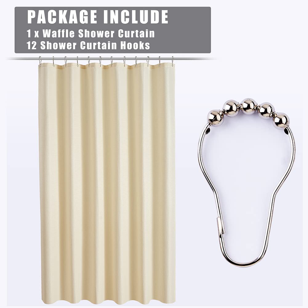 Beige Extra Long Shower Curtain 96 Inch Length, Waffle Weave Shower Curta Luxury Spa, Waterproof Fabric Bathroom