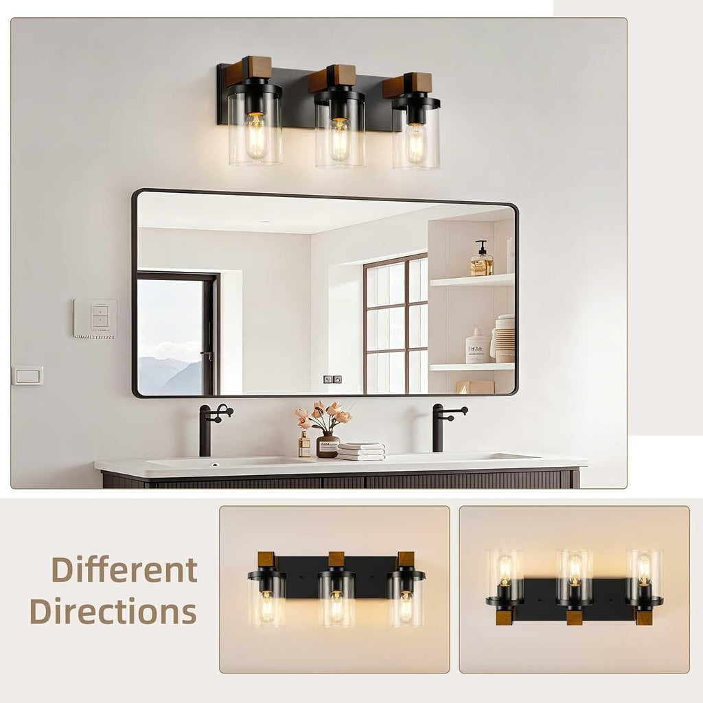 3-Light Farmhouse Bathroom Light Fixtures, Black Bathroom Vanity Light Fixtures Over Mirror, Rustic Sconces Wall