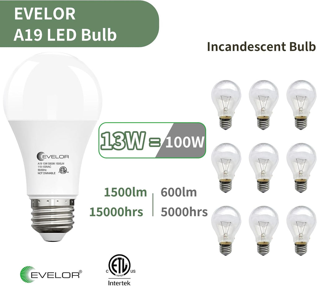 6-Packs A19 LED Light Bulbs,100 Watt Equivalent Daylight 5000K Bright Bulbs Efficient 13W,1500 Lumens E26 Base, Non