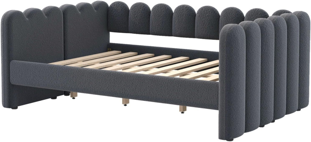 Queen Size Upholstered Daybed with Backrest and Armrests, Gray | Day Bed with Slat, Lambswool Fabric, Easy Assembly