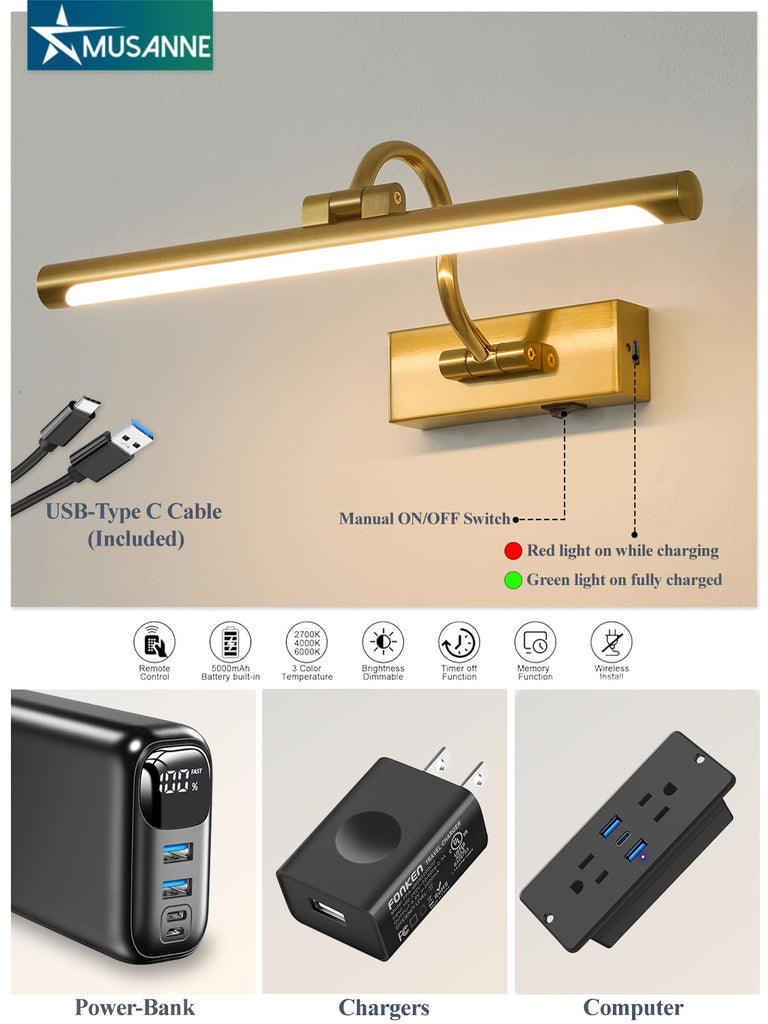 Wireless Rechargeable Picture Light for Wall, 16 Inch Battery Operated Art Lighting with Remote, 3CCT Dimmable &