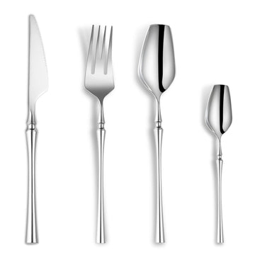 24-Piece Silverware Set for 6, Modern 18/10 Stainless Steel Flatware Set, Unique Rustic Cutlery Utensils Set, Spoon and