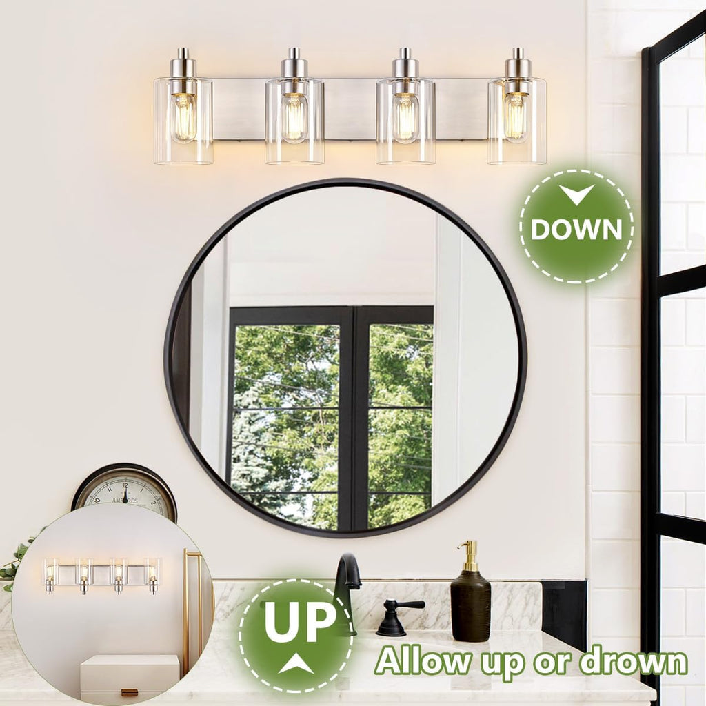 Brushed Nickel Bathroom Light Fixtures, Wall Mounted 4-Light Bathroom Lights Over Mirror with Clear Glass Shade,Wall