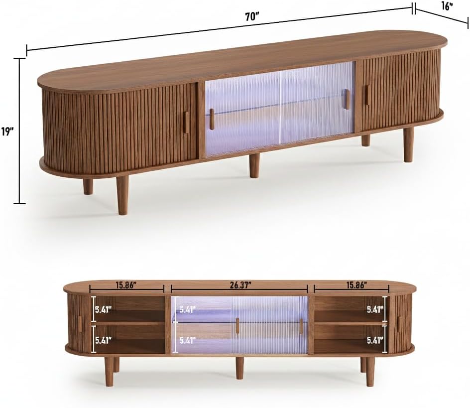 70" Fluted TV Stand with LED Lights for TVs up to 75 Inch, Mid Century Modern Entertainment Center with Sliding Doors