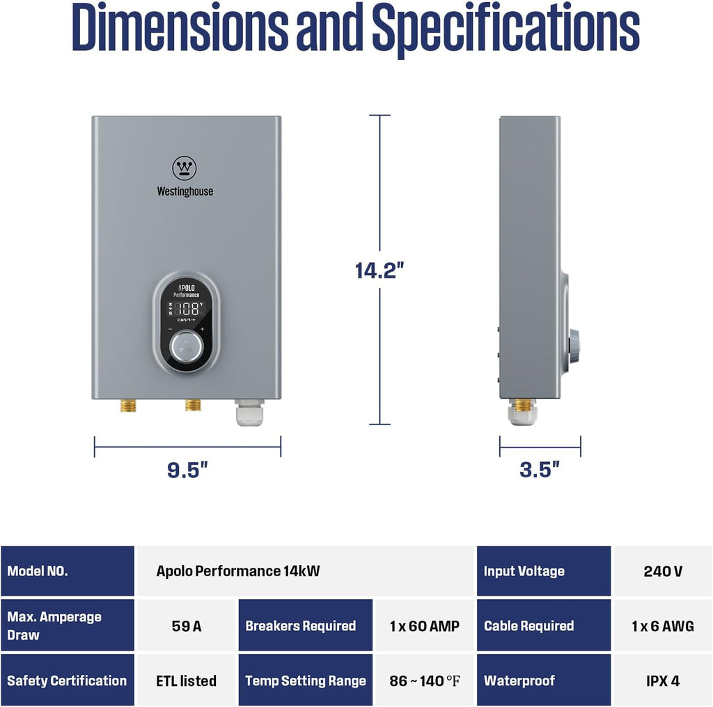Tankless Water Heater Electric 14kW 240V, Instant On-Demand Hot Water, Smart WiFi