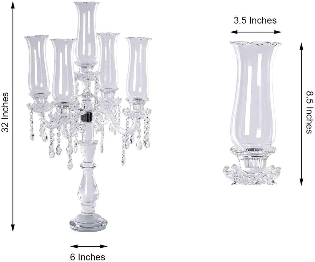 5 Arm Premium Crystal Glass Taper Candle Holder Candelabra with Chandelier Chains 32"