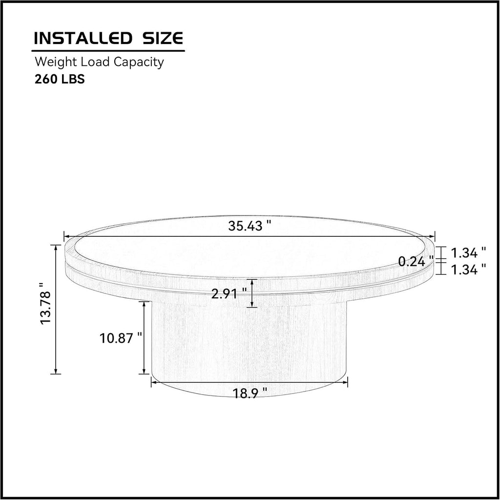 35.43" Round Coffee Table Sintered Stone for Living Room, Round Wood Pedestal Coffee Table with Travertine Texture Tab