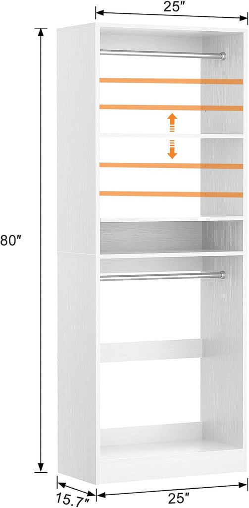 Freestanding Closet System, 25" Closet Organizer Wardrobe with Hanging Rods & Shelve, Adjustable Clothes Garment