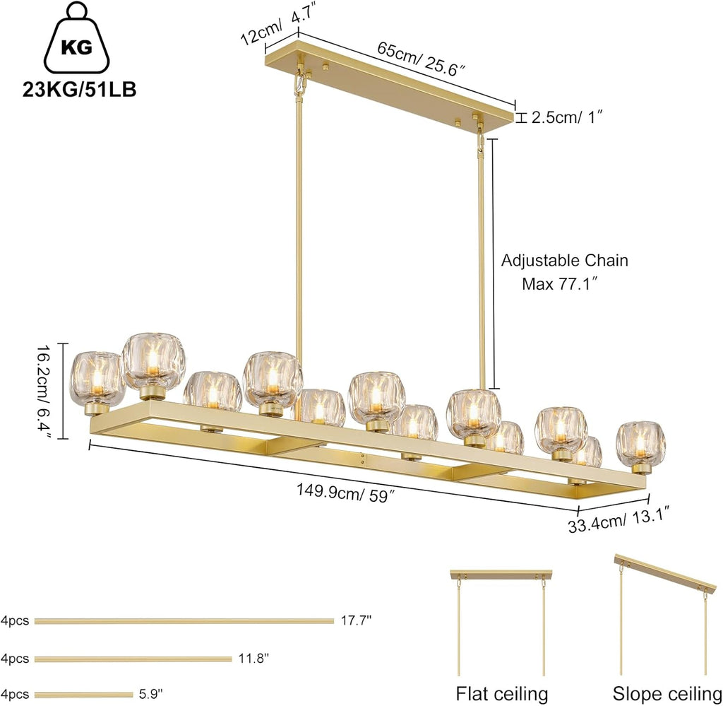 54 Inch Brass Rectangle Chandeliers for Dining Room, Gold Rectangular Chandelier Over Table, Modern Crystal Long Chandelier, Farmhouse Large Linear Chandeliers for Kitchen Island