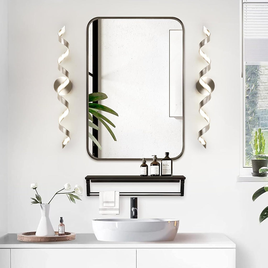 LED Modern Bathroom Vanity Light Fixtures, 31 inch Brushed Nickel Wall Lamp Bedroom 4000K, Spiral Design Wall Sconce