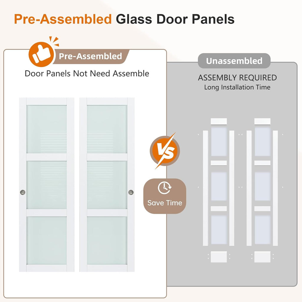60x80 in (Double 31in) Bypass Sliding Closet Door for Bedroom, 3-Lite Frosted Glass Sliding Door wit