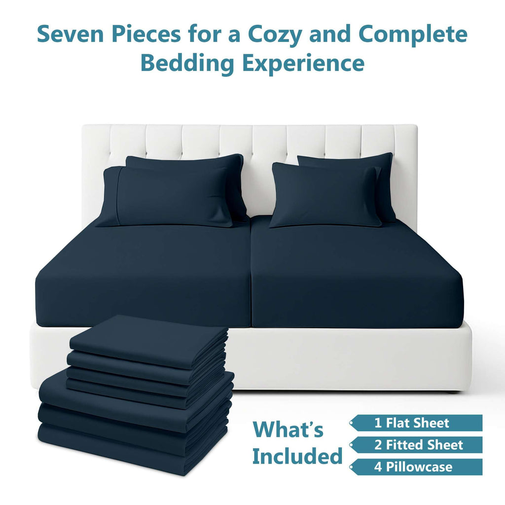 7 Piece Split Bed Sheet Set, Ultra Soft & Wrinkle Free, Fits Between 12" to 16" Deep, Easy Care