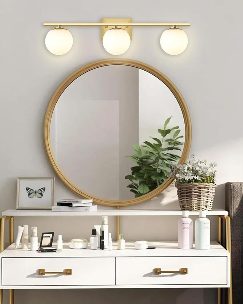Brushed Brass Bathroom Vanity Light fixtures,24'' 3 Lights Modern Globe Glass Shade Wall Sconce for Over Mirror, Damp