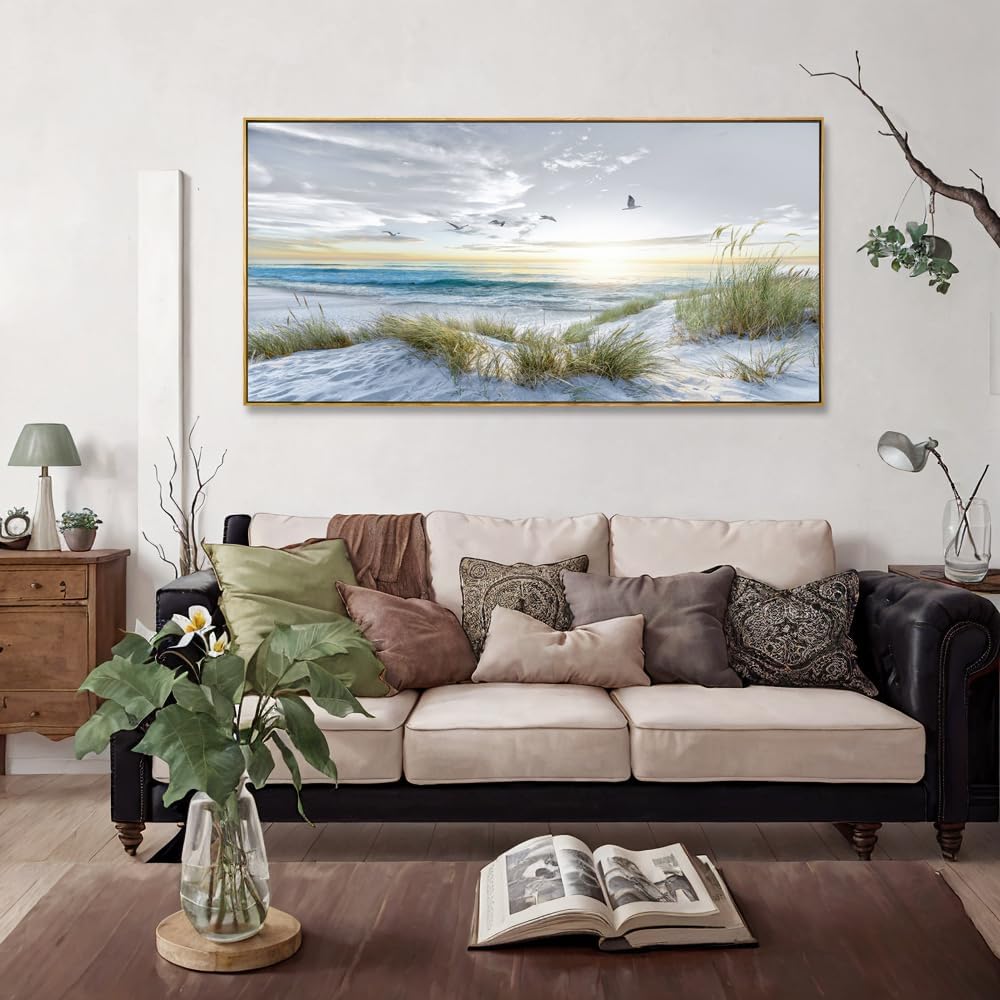 Canvas Prints Wall Art Beach Sunrise Ocean Waves Beach Grass Nature Pictures Stretched Canvas Wooden Framed Bedroom