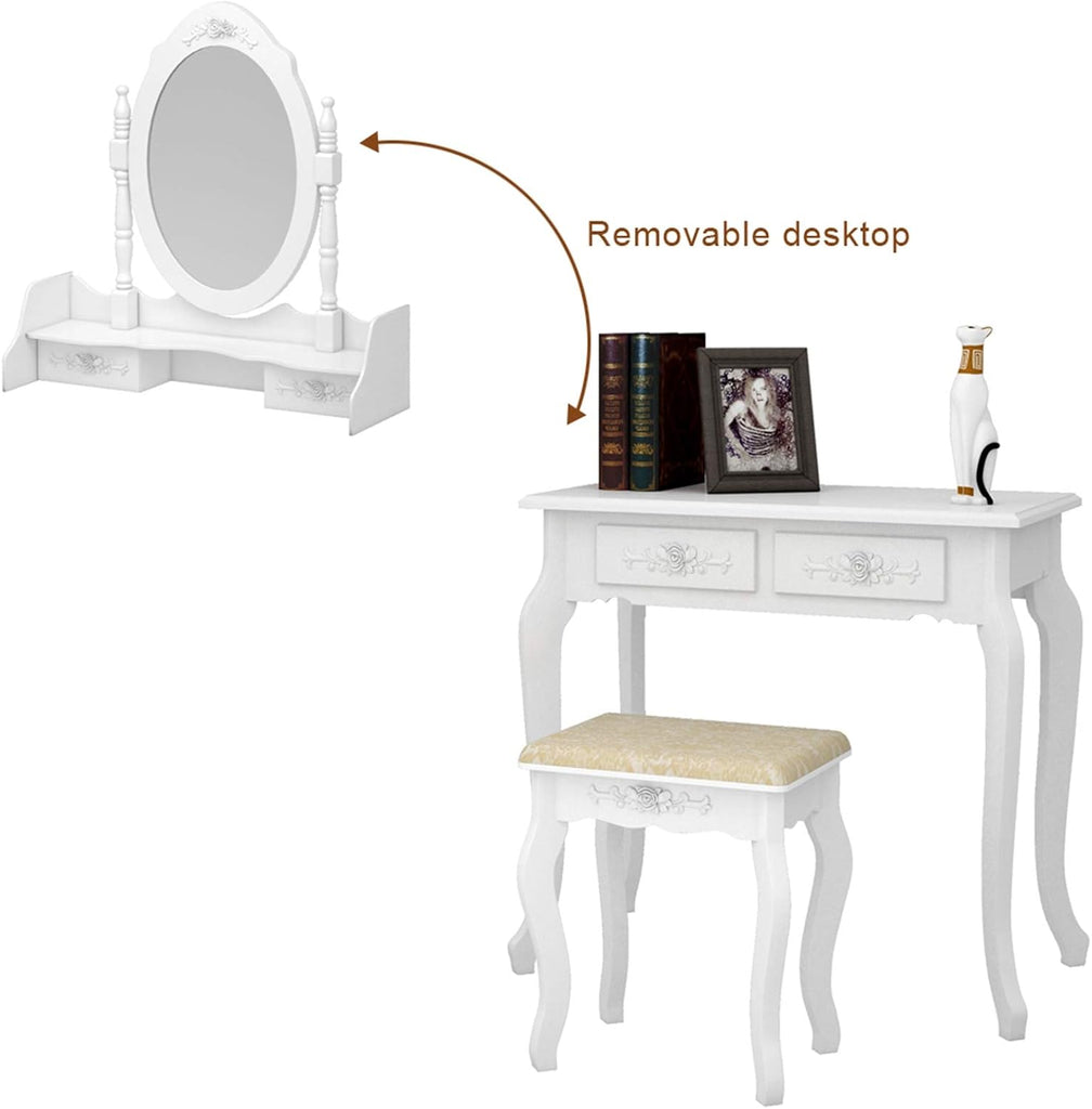 Vanity Table Set, 4 Drawers Makeup Table with Oval Mirror & Stool, Bedroom Wood Dressing Table White