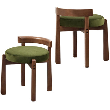 Wood Vanity Chair with Back Set of 2, Velvet Upholstered Small Ottoman Footstool, Mid-Century Modern Makeup Chair