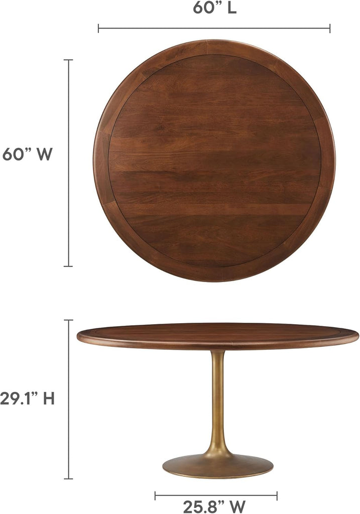 Inspired Saarinen Style Tulip Round Pedestal Dining Table — Brass Base / Walnut Top, 60″ Round