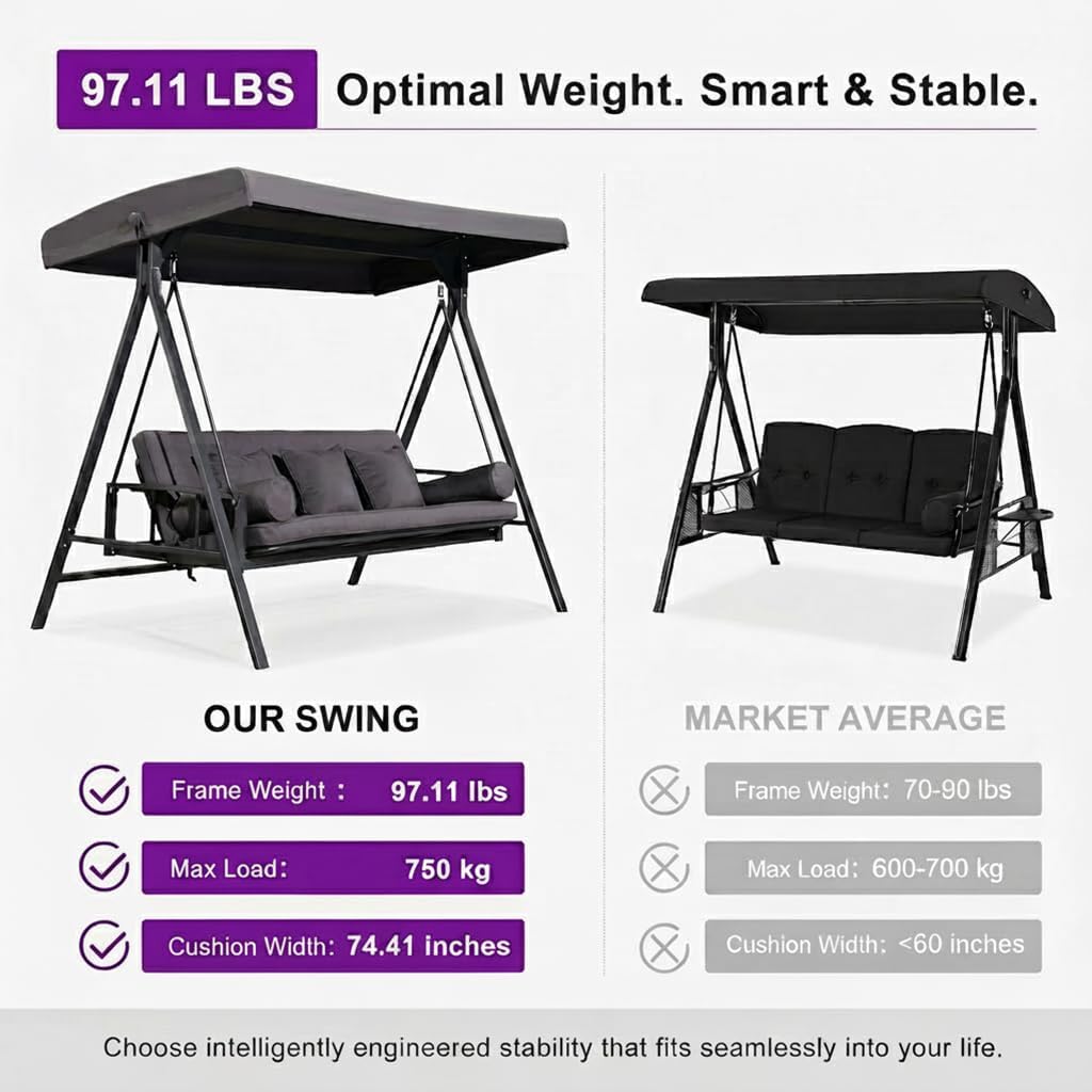 Swing Bed Outdoor Swing 3-Seat Aluminum Adjustable Canopy, Gray | Convertible Swing Bed, Heavy Duty for Adults