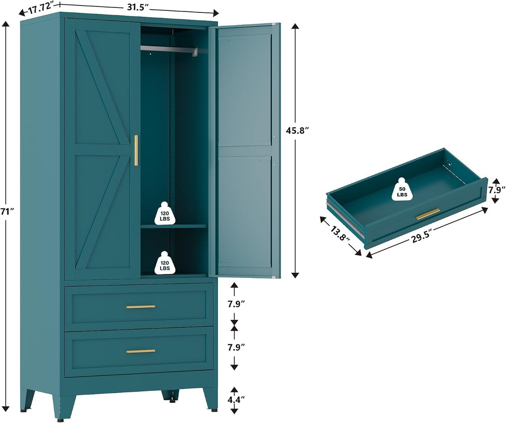 71" Tall Metal Wardrobe with Doors, Hanging Rod & Adjustable Shelf, Freestanding Steel Armoire Home Office, 2-Drawer