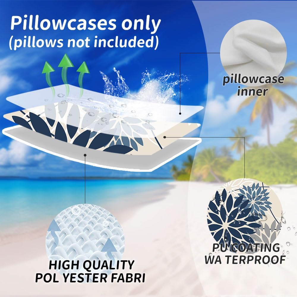 Blue and Gray Floral Pillow Covers 18x18 Set of 2 Outdoor Waterproof White Colored Decorative Throw Pillows Summer