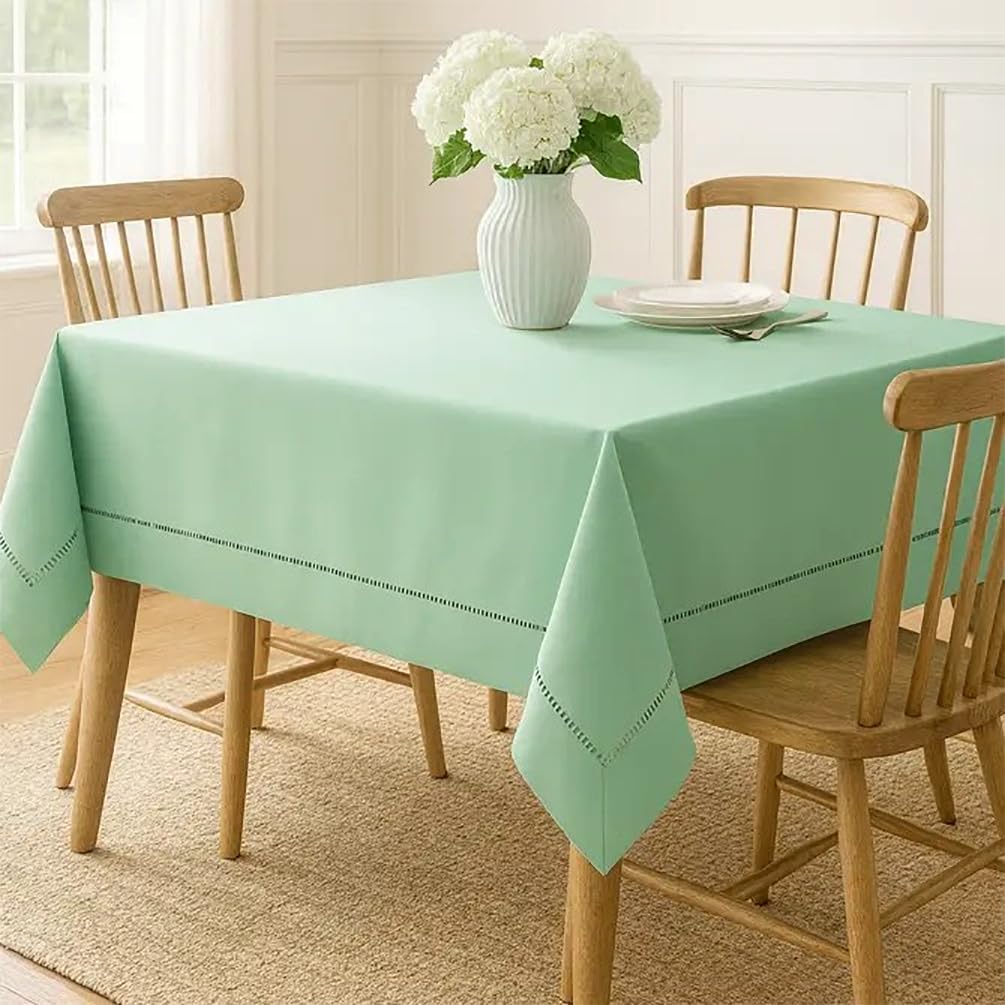Classic Solid Color Hemstitched Border 65 x 84 Inch Tablecloth for Dining Table, Dinner Parties, Wed